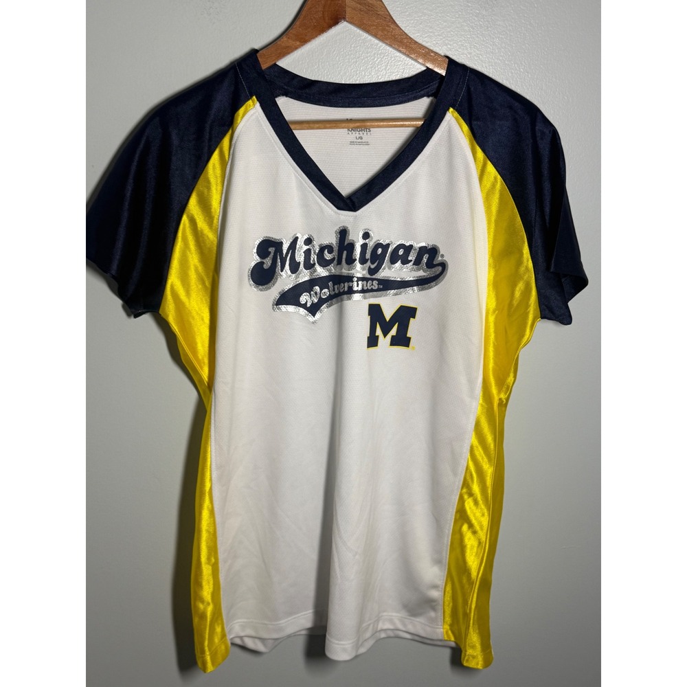 Knights Apparel Michigan Wolverines Jersey V-Neck Tee Navy Maize White Womens L